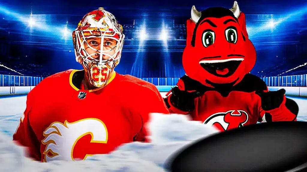 Jacob Markstrom (Flames) with New Jersey Devils mascot in the background