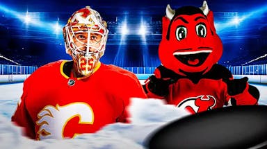 Jacob Markstrom (Flames) with New Jersey Devils mascot in the background
