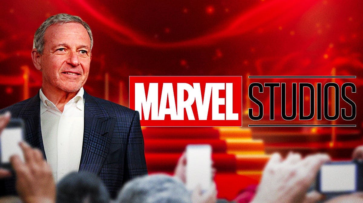Disney CEO next to MCU Marvel Studios logo with movie theater background.