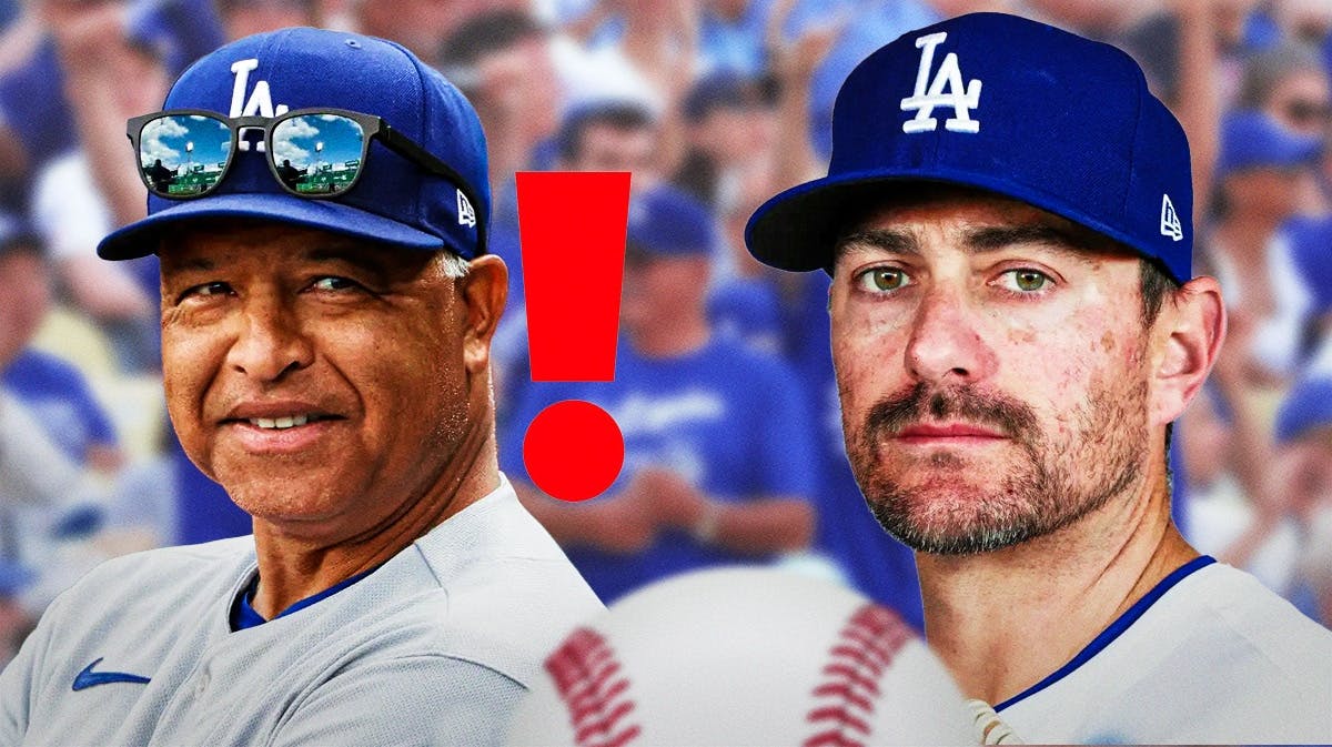 Dodgers' Dave Roberts with the Metal Gear alert icon beside him, while looking at Daniel Hudson