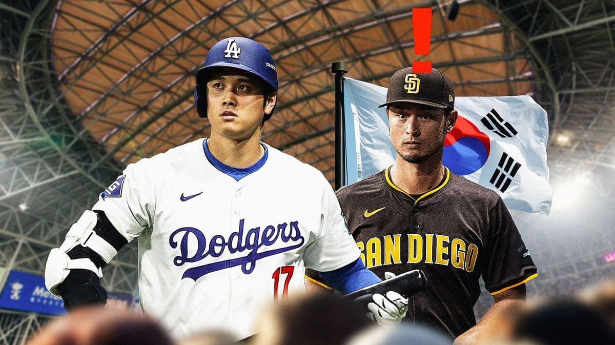 Dodgers' Shohei Ohtani, Padres' Yu Darvish looking worried, Metal Gear alert symbol and South Korea flag beside them Gocheok Sky Dome background