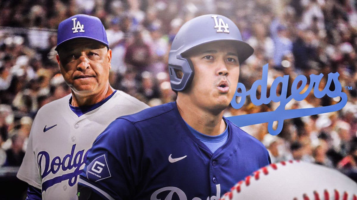 Dodgers' Shohei Ohtani looking serious in front. Dodgers' Dave Roberts on left. Dodgers' logo on right.
