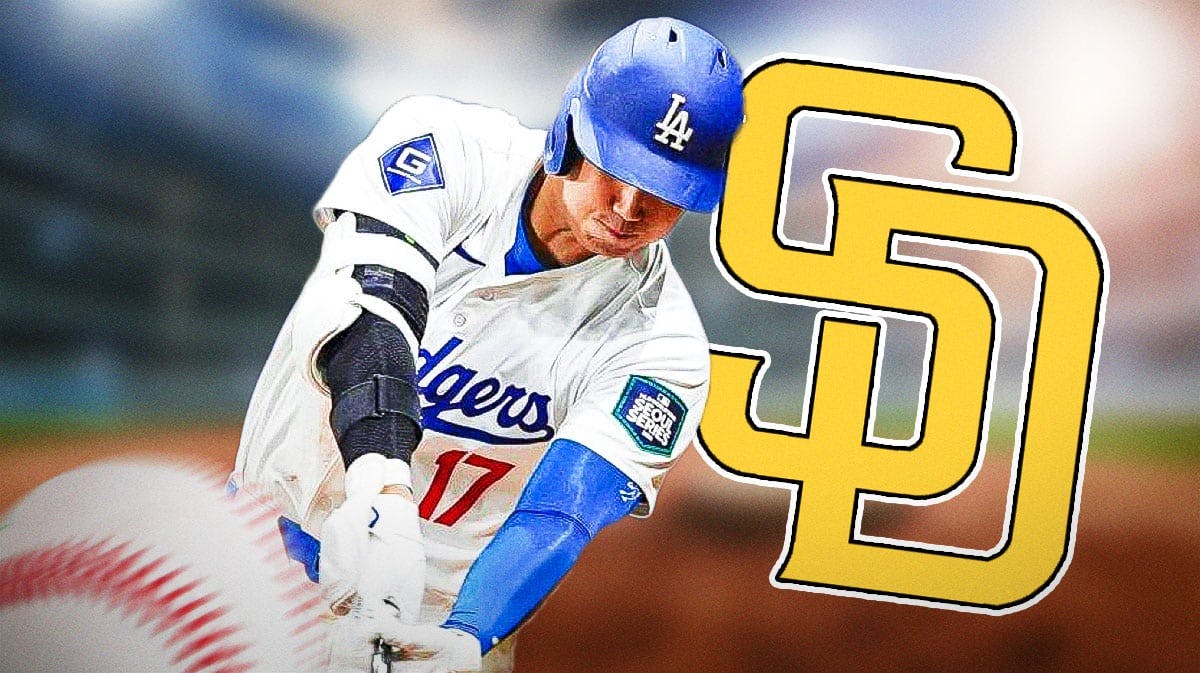Shohei Ohtani hitting in a Dodgers uniform next to Padres logo