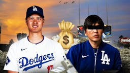 Shohei Ohtani and Ippei Mizuhara side by side with dollar stacks in the background with Mizuhara having his eye section covered with a black rectangle.
