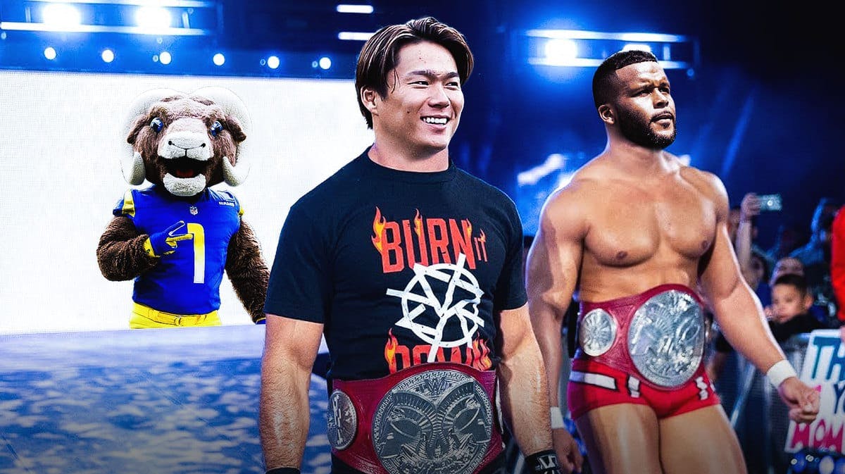 Yoshinobu Yamamoto (Dodgers) and Aaron Donald (Rams) as wrestlers