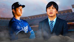 Dodgers' Shohei Ohtani looking seriously at Ippei Mizuhara, Dodgers logo beside Mizuhara
