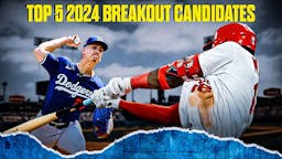 At top of image, write the following: TOP 5 2024 BREAKOUT CANDIDATES Place Dodgers' Bobby Miller pitching a baseball, Cardinals' Jordan Walker hitting a baseball in image.