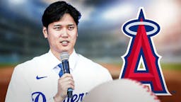 Shohei Ohtani (Dodgers) next to the Los Angeles Angels logo