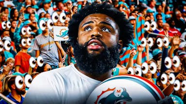 Christian Wilkins on one side, a bunch of Miami Dolphins fans on the other side with the big eyes emoji over their faces