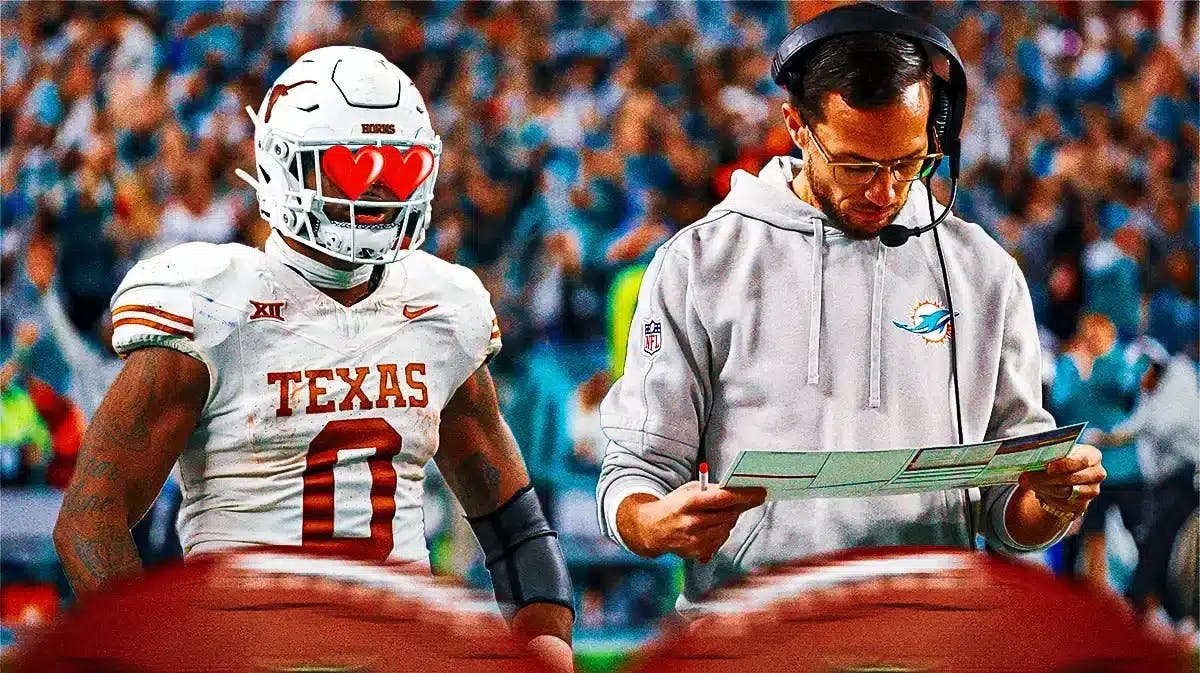 NFL draft prospect Ja’Tavion Sanders (Texas) with heart emoji eyes looking at Dolphins head coach Mike McDaniel