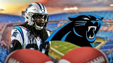 Donte Jackson next to a Panthers logo at Bank of America Stadium