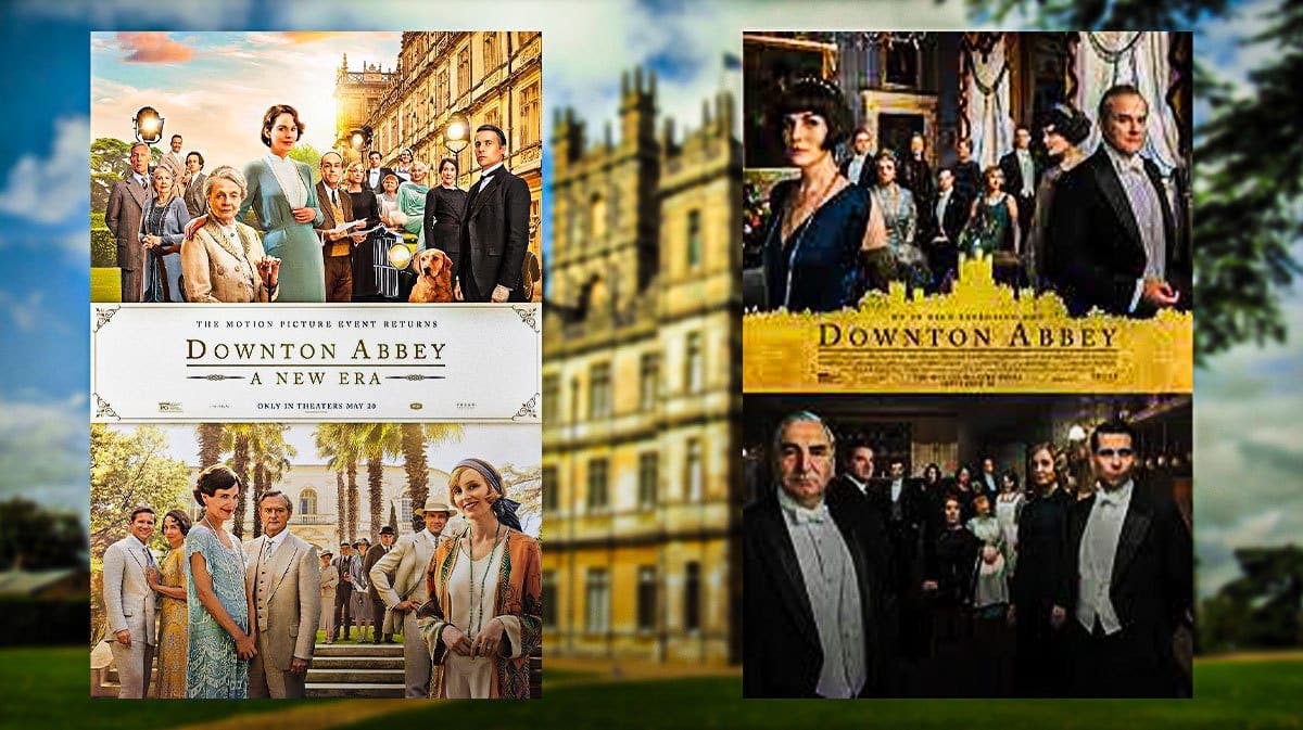 Downton Abbey manor and movie posters (Downton Abbey and A New Era).