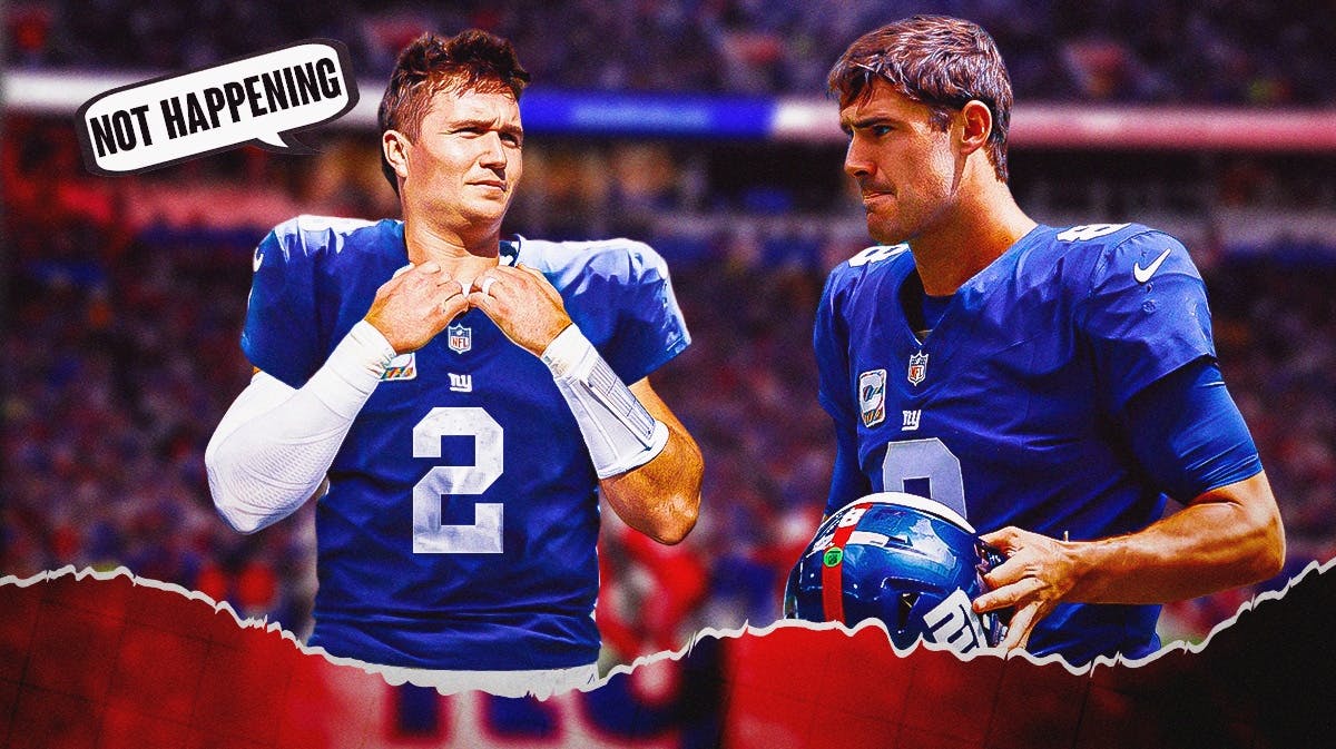 Photo: Drew Lock saying “Not happening” beside Daniel Jones, both in Giants jerseys