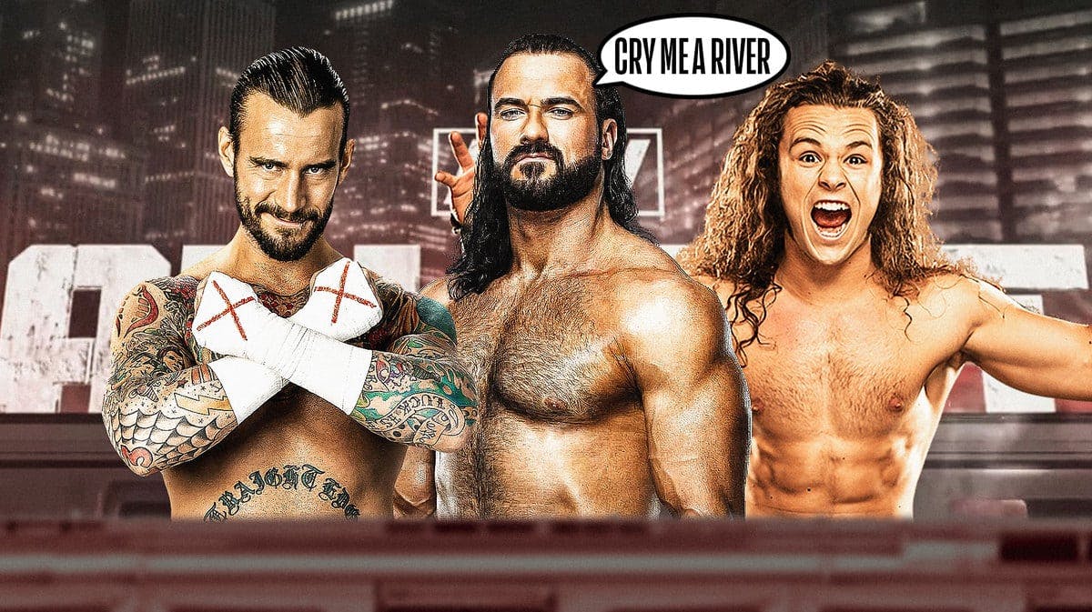 Drew McIntyre with a text bubble reading “Cry me a river” with CM Punk on his left and Jack Perry on his right with the 2023 AEW All In logo as the background.