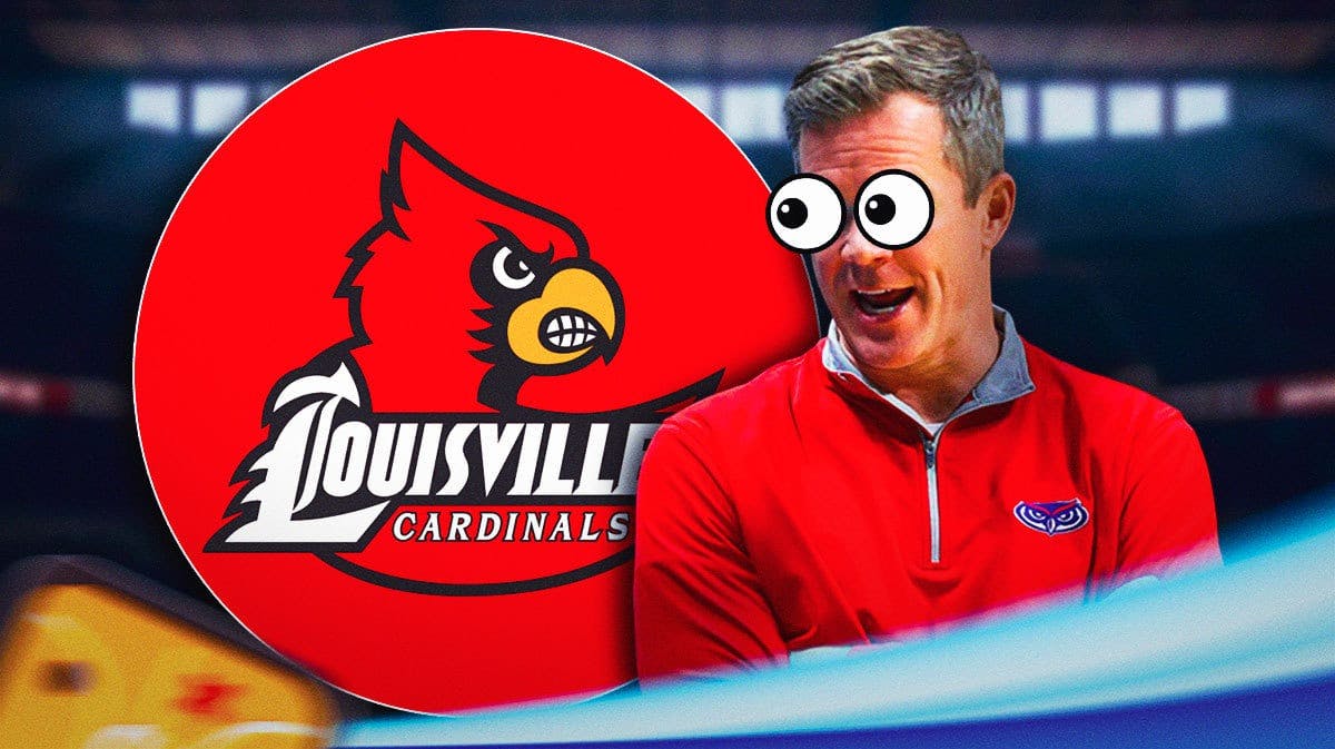 Florida Atlantic basketball coach, Dusty May looking at the Louisville logo