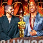 Dwayne Johnson and bad Bunny with Oscars trophy and logo.