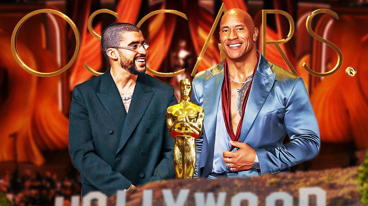 Dwayne Johnson and bad Bunny with Oscars trophy and logo.