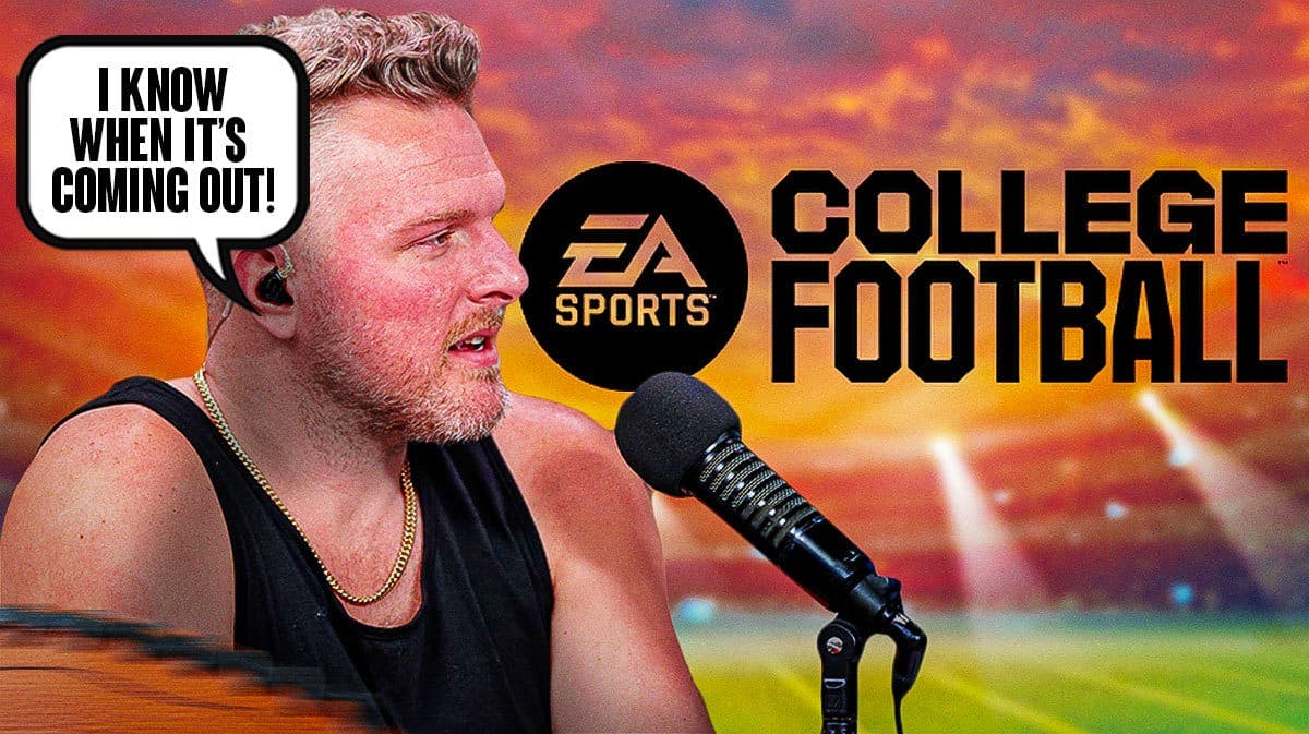 A picture of Pat McAfee in his show talking on a microphone holding a mock-up game cover of EA Sports College Football, and then a speech bubble with the words I KNOW WHEN IT’S COMING OUT!