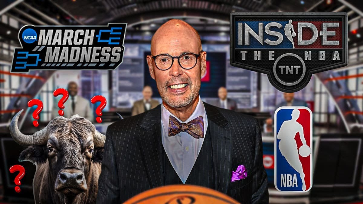 Ernie Johnson with Inside the NBA and March Madness logos. Buffalo with question marks as well.