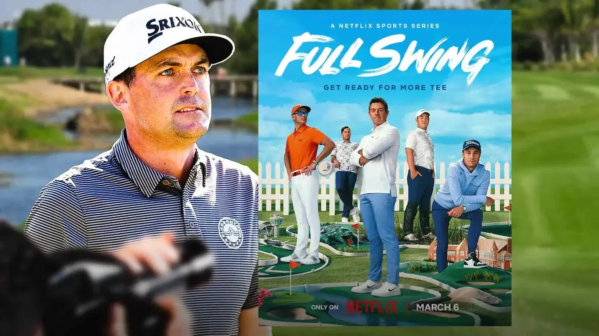 Keegan Bradley with Full Swing Season 2 poster and golf course background.