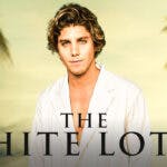 Lukas Gage and The White Lotus logo with beach background.