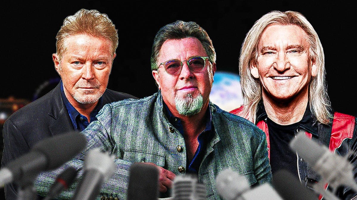 Eagles members Don Henley, Vince Gill, and Joe Walsh in front of Sphere.