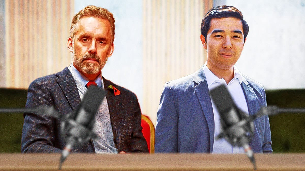 Jordan Peterson and Rob Henderson in front of a podcast setting