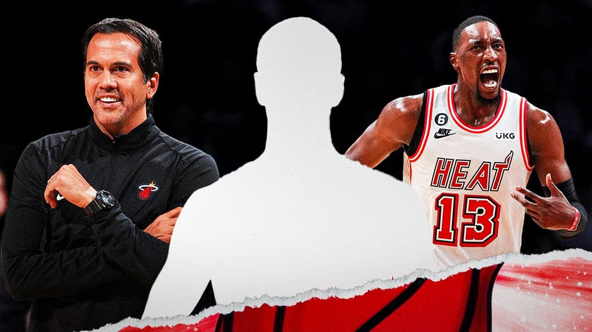 Miami Heat head coach Erik Spoelstra and star Bam Adebayo in the middle of a silhouette of Cole Swider.