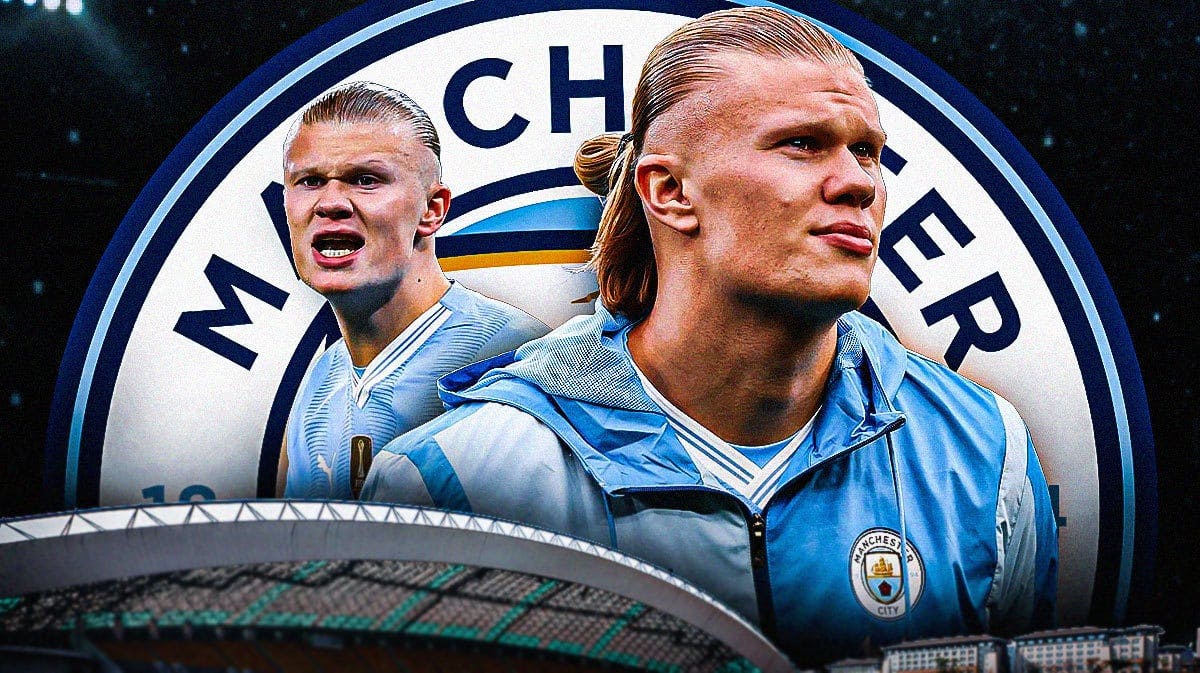 Multiple images of Erling Haaland looking down/sad/struggling in front of the Manchester City logo