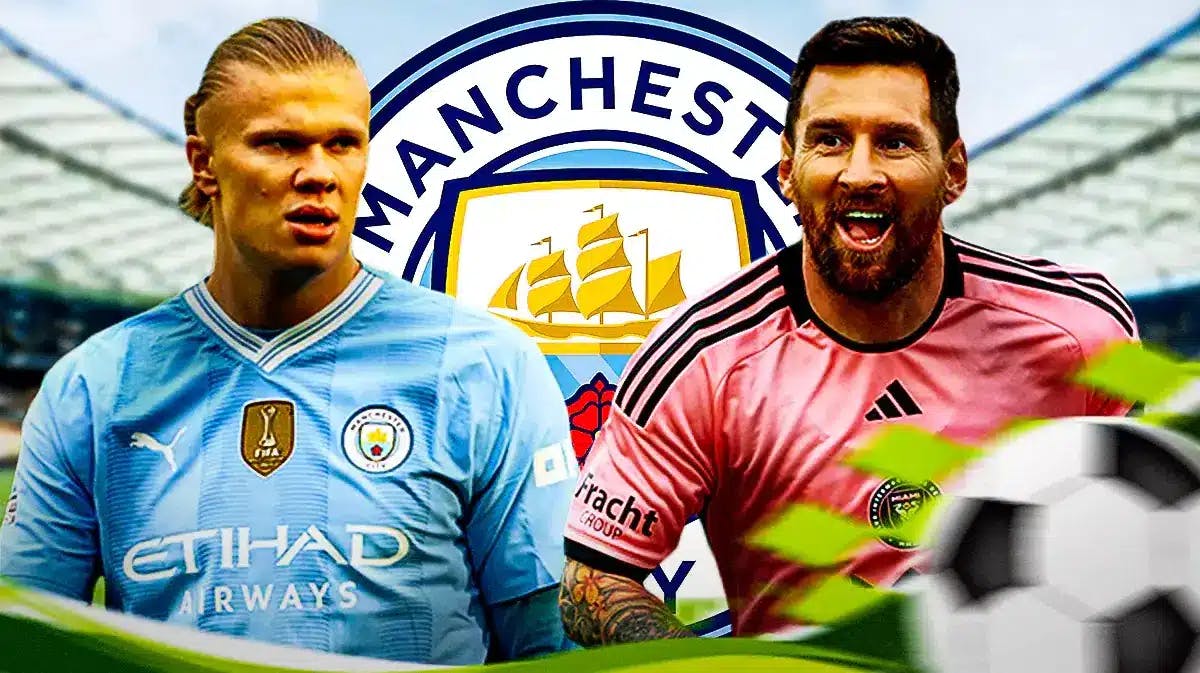 Erling Haaland and Lionel Messi in front of the Manchester City logo