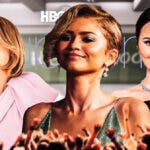 Sydney Sweeney, Zendaya, and Maude Apatow in front of Euphoria HBO series logo and high school background.