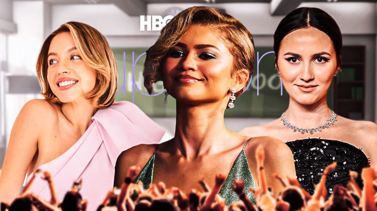 Sydney Sweeney, Zendaya, and Maude Apatow in front of Euphoria HBO series logo and high school background.