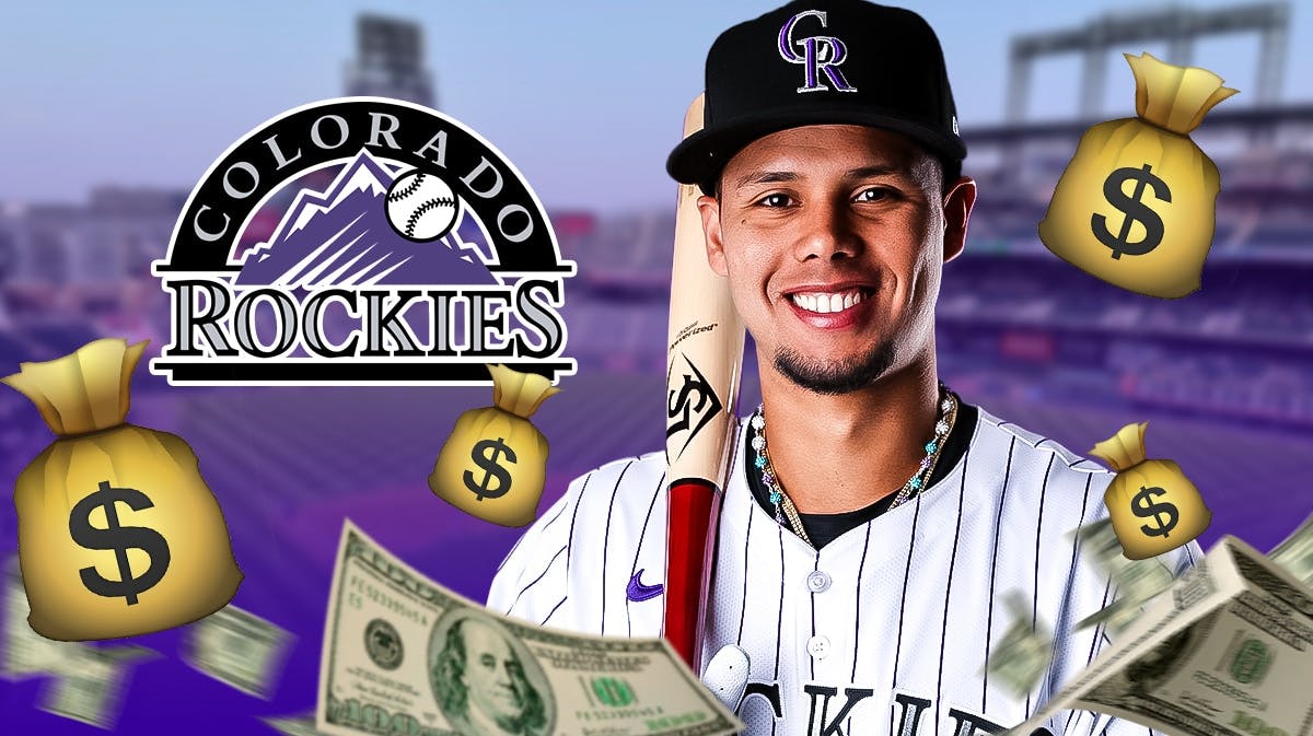 Ezequiel Tovar next to a Rockies logo and moneybags at Coors Field