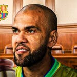 Dani Alves in a courthouse, the FC Barcelona logo on the wall