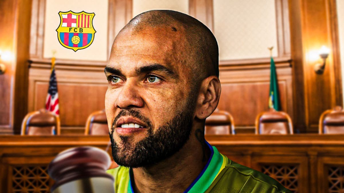 Dani Alves in a courthouse, the FC Barcelona logo on the wall