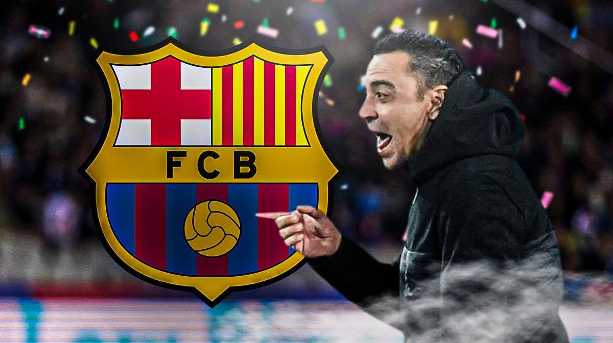 Xavi Hernandez celebrating in front of the Barcelona logo