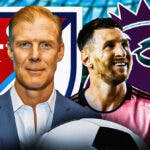 Alexis Lalas and Lionel Messi in front of the MLS and Premier League logos