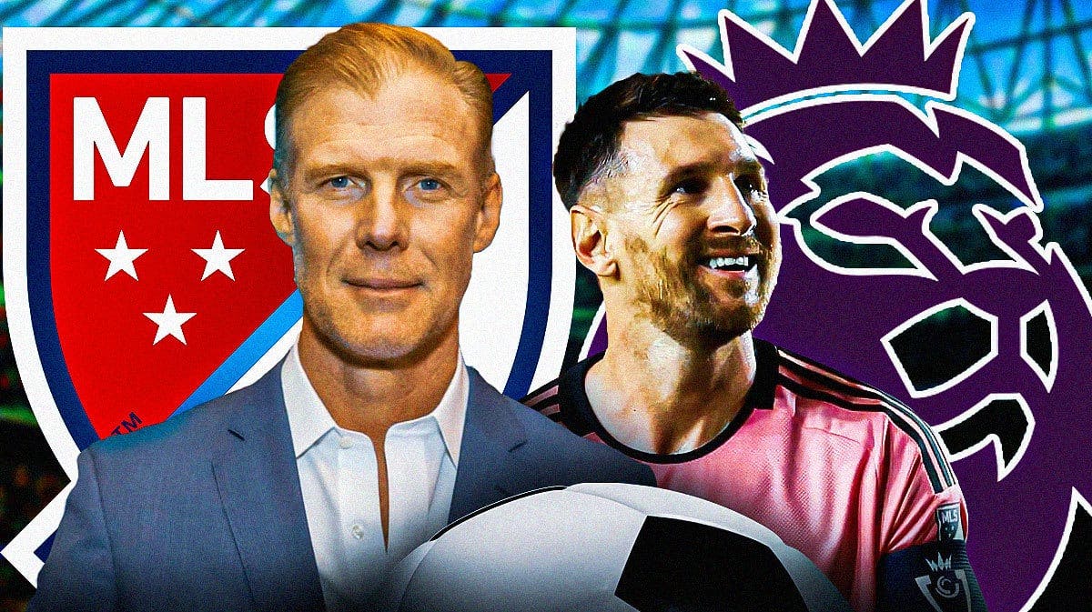 Alexis Lalas and Lionel Messi in front of the MLS and Premier League logos