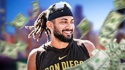 Fernando Tatis Jr. surrounded by piles of cash.