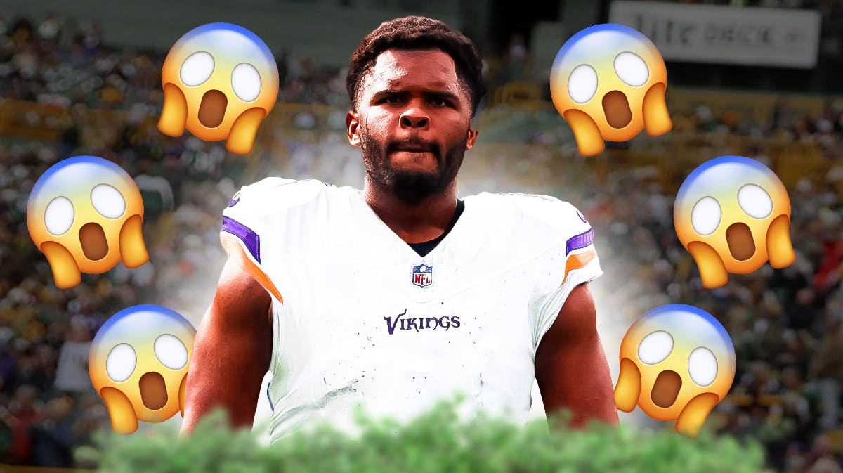 Jerry Tillery in a Minnesota Vikings jersey with a bunch of shocked emojis in the background