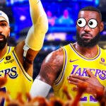 Lakers' Gabe Vincent saying "Let's go!" with LeBron James and Anthony Davis looking at him