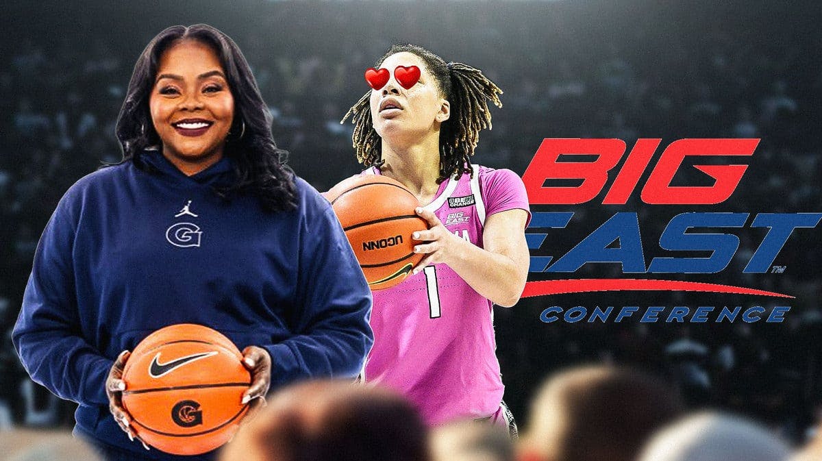 Kelsey Ransom with heart eyes looking at Tasha Butts. Big East conference logo in background