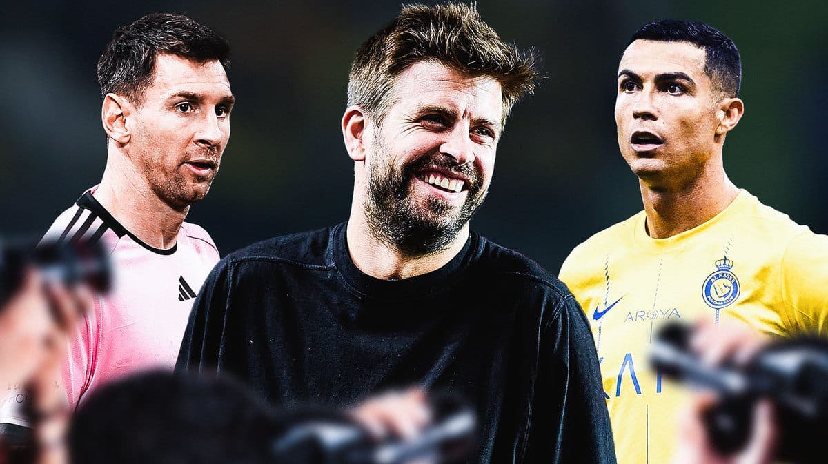 Gerard Pique in the middle, Lionel Messi and Cristiano Ronaldo on the sides