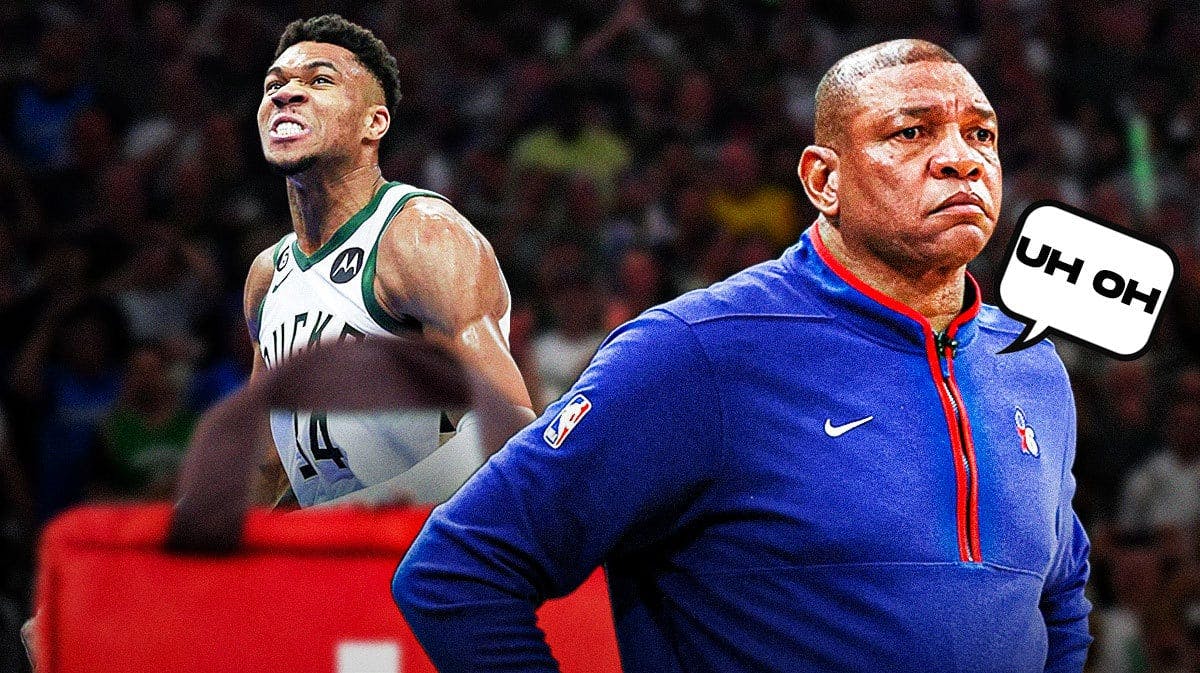 Doc Rivers on one side with a speech bubble that says “Uh oh” Giannis Antetokounmpo on the other side with an injury kit in front of him.