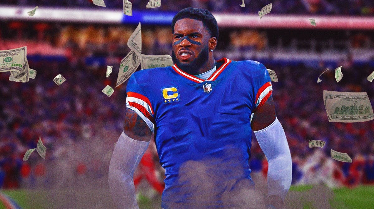 Brian Burns in a Giants jersey surrounded by money