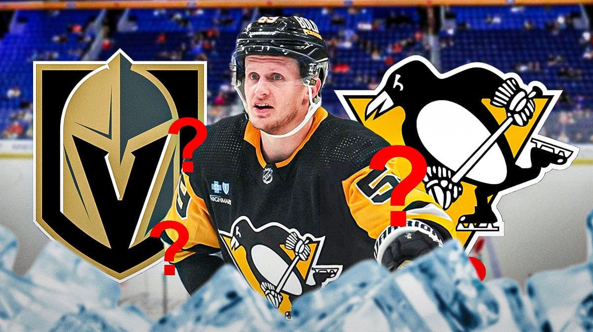 Jake Guentzel looking stern, PIT Penguins and Vegas Golden Knights logo, 3-5 question marks, hockey rink in background