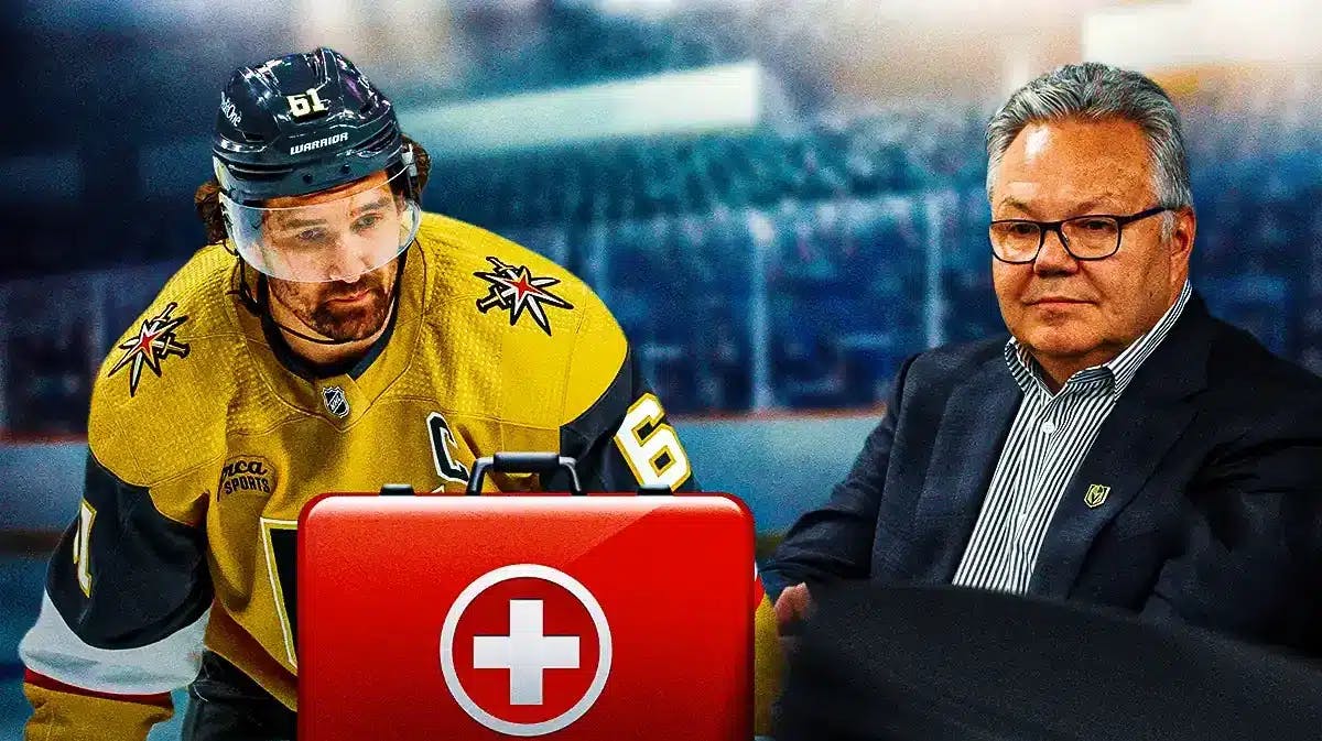 Mark Stone in image looking stern with first aid kit, Knights GM Kelly McCrimmon in image looking thoughtful, Vegas Golden Knights logo, hockey rink in background