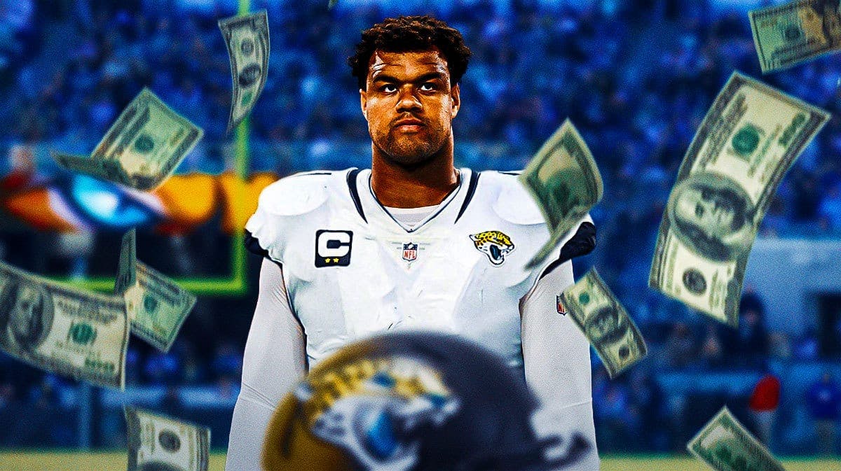 Arik Armstead in a Jacksonville Jaguars uniform with a bunch of money falling around him