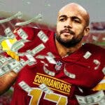 Photo: Austin Ekeler in action in Commanders jersey with money flying around him