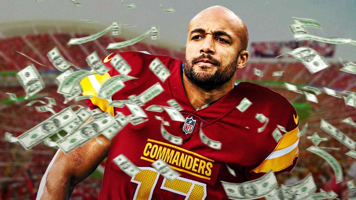 Photo: Austin Ekeler in action in Commanders jersey with money flying around him